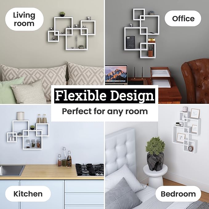 Greenco Gray Floating Cube Shelves - Intersecting Wall Mounted Shelves - Bedroom Decor for Men - Wall Decor Square Shelves for Bedrooms, Living Rooms & More - Set of 4 Box Shelves