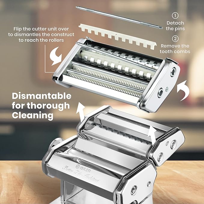 ISILER Pasta Maker, 9 Adjustable Thickness Settings 2-in-1 Pasta Machine with Rollers and Cutter, Noodle Maker for Pasta, Dumpling Skin, Spaghetti, Fettuccini, Lasagna