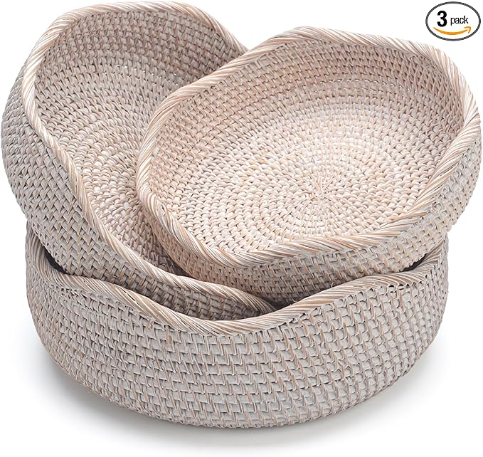 YANGQIHOME Rattan Round Fruit Baskets, Wicker Storage Bowls, Natural Woven Serving Basket Bowls, Decorative Baskets for Kitchen Counter Organizing, Whitewash, Set of 3