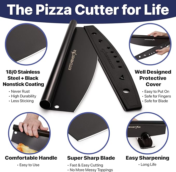KitchenStar 16-Inch Pizza Cutter Rocker Blade - Sharp Stainless Steel Slicer Knife, Protective Cover, Black Nonstick, Large - Professional Pizza Oven Accessories