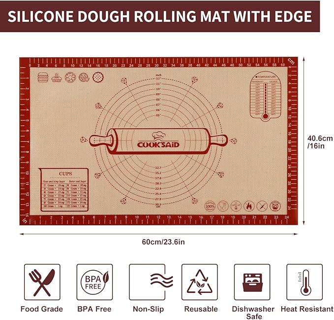 Cook's Aid Silicone Pastry Mat Extra Large with Measurements 26''x16'' for Reusable,Non-slip Silicone Baking Mat, Counter, Dough Rolling, Oven Liner,Fondant/Pie Crust, Red