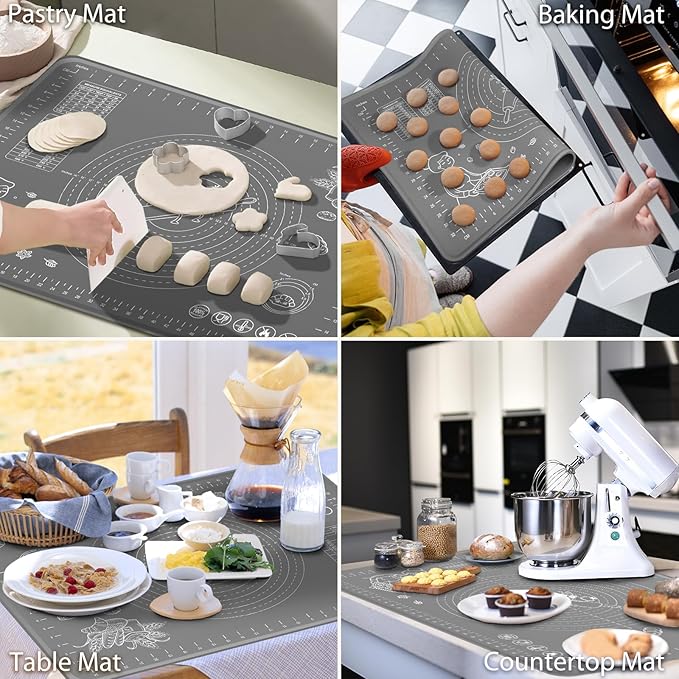 Silicone Pastry Mat 28" x 20" Extra Thick Non Stick Baking Mat with Measurements and Edge Heightening, Food Grade Silicone Rolling Mat for Pastry, Bread, Cookies, Pizza, Fondant, Pasta