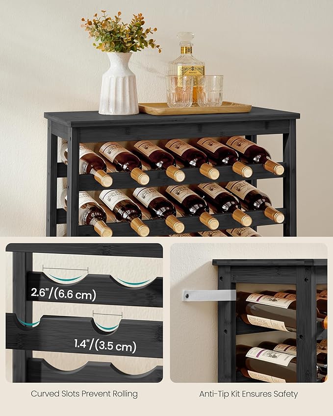 SONGMICS 42-Bottle Wine Rack Free Standing Floor, 7-Tier Display Wine Storage Shelves with Table Top, Bamboo Wobble-Free Bottle Holder for Kitchen Bar Dining Room Living Room, Ink Black UKWR027B16