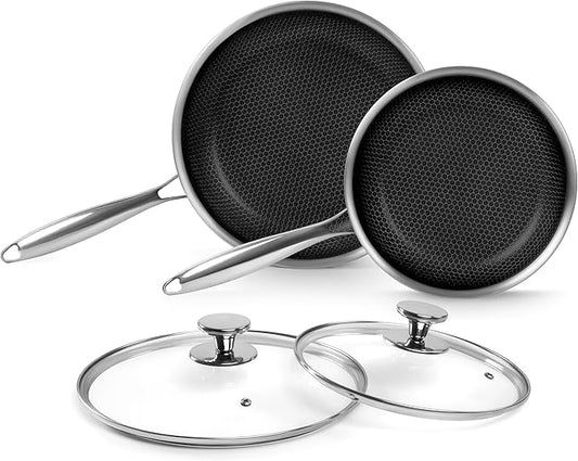 Tri-Ply Stainless Steel Frying Pan Set with Lid,9.5Inch 11Inch Nonstick Honeycomb Stainless Steel Cooking Pan Set of 2 Skillet Works Pan for Cooking with Induction Gas Stovetops