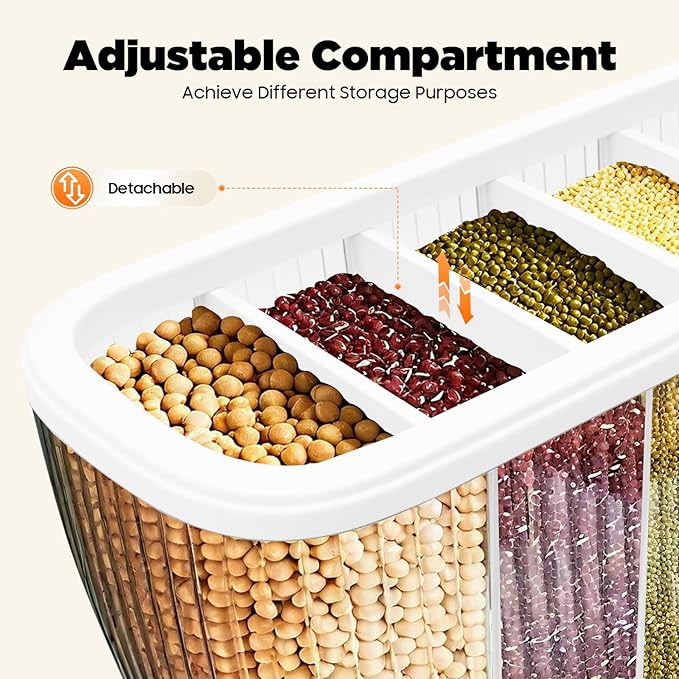 Food Storage Containers with 6 Divisions,Wall mounted 6 Grid Beans Dispenser,22Lbs Cereal Containers for Storing Flour & Sugar & Rice & Cereals & Nuts & Beans & Coffee