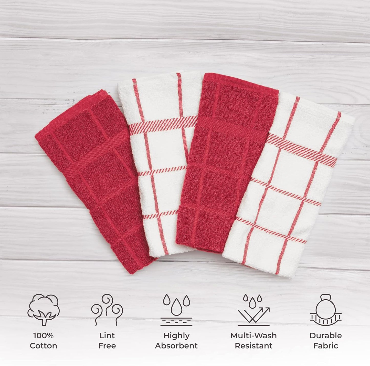 100% Cotton Terry Dish Cloth & Dish Towel (RED, Dish Towel - 4 Pack)