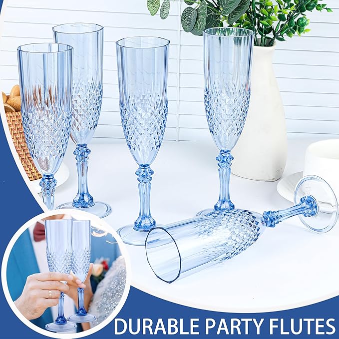 Plastic Champagne Flutes, 12PCS Blue Plastic Wine Glasses Goblets Reusable Champagne Flute for Weddings, Bachelor Parties, Toasting, and Events (12, Blue)