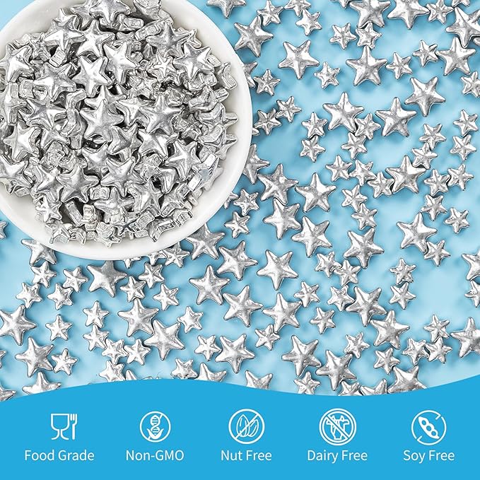 Edible Silver Star Sugar Sprinkles, Mix Size, Candy Star Sprinkle for Cake Decorations and Cupcake Toppers, Ice Cream, Wedding Party Valentines Christmas Supplies 130g/4.58ounce
