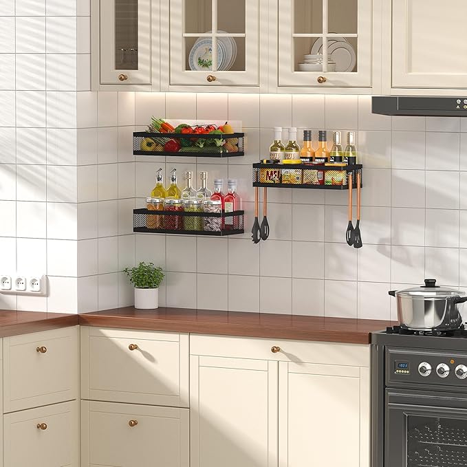 PUSDON Hanging Storage Baskets Organizer Wall Mount, Metal Wire Storage Bin Rack for Kitchen Bathroom Shower Spice Shelf Home Decor Essentials Black-2 Packs (Netting)