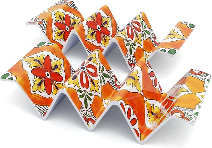 TP Taco Holder Stands, Set of 2 Melamine Large Taco Serving Rack Tray with Handle, Holds 3 Tacos, Dishwasher Safe, Ideal for Taco Night, Party, Home, Fiesta, Talavera Bloom