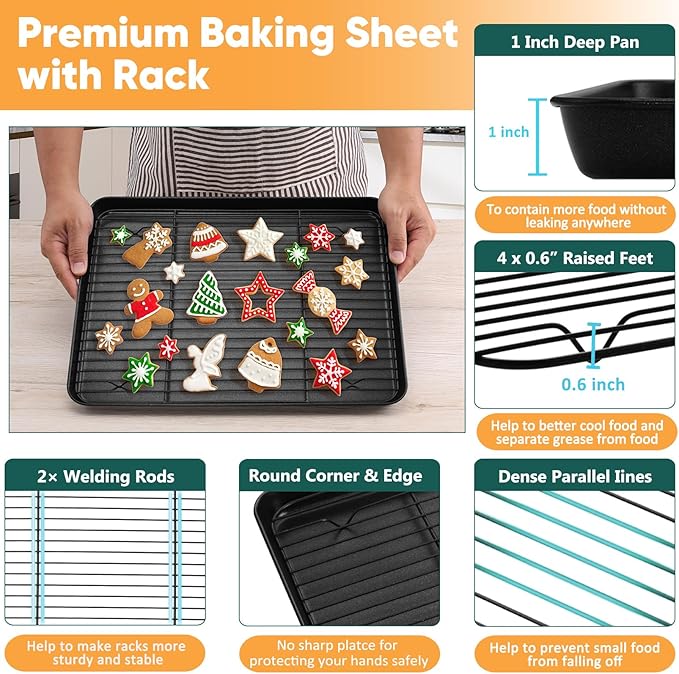 P&P CHEF Baking Oven Sheet Pan with Rack for Cookie, Nonstick Oven Tray and Cooling Rack for Baking & Roasting, Easy Clean, Black, 16 x 12 Inch