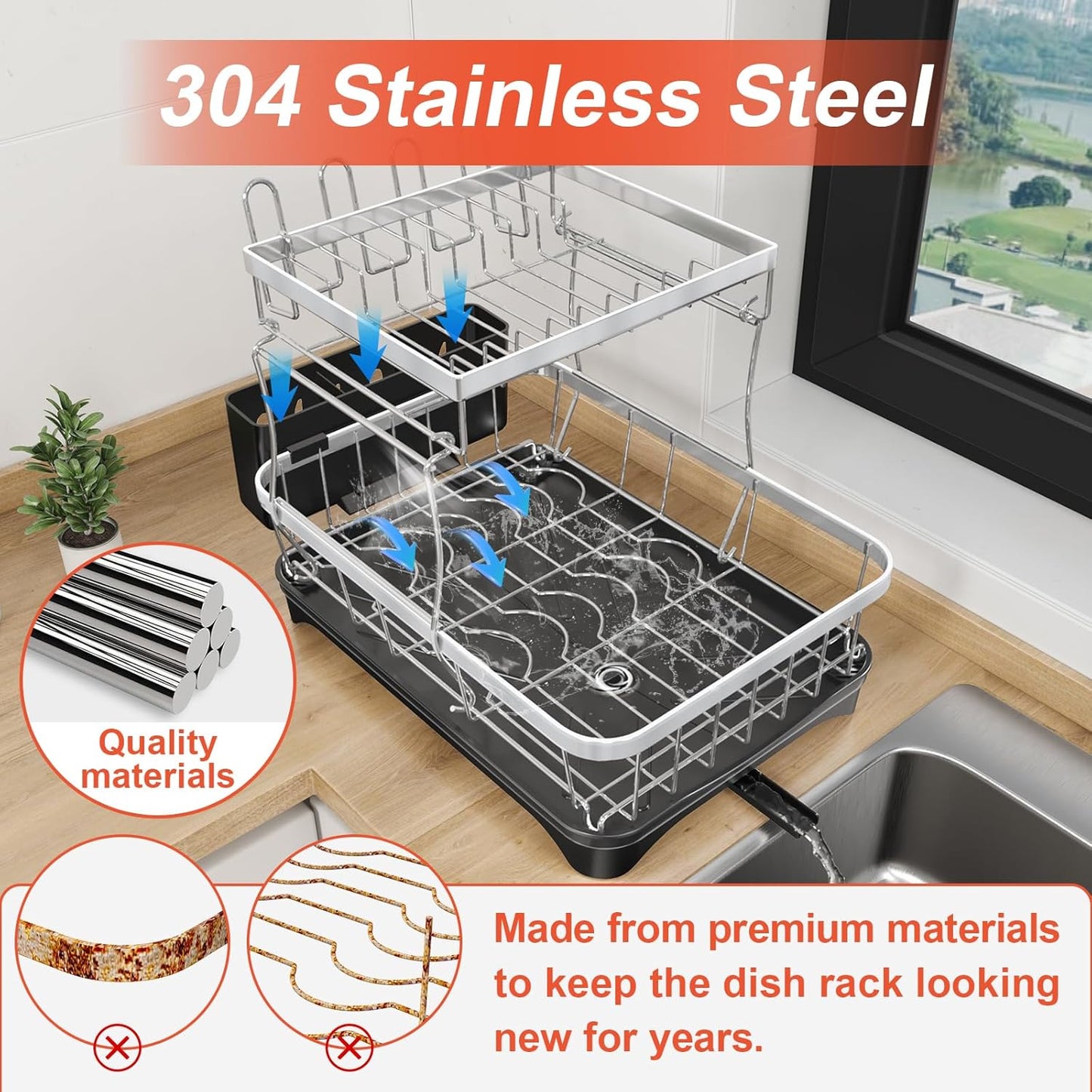 2-Tier Dish Drying Rack for Kitchen Counter, 304 Stainless Steel with Adjustable Drainboard, Removable Utensil Holder & Water Filter Tray, Black