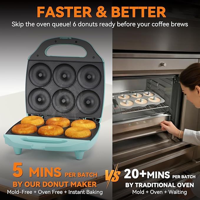 Baker’s Friend Mini Donut Maker Machine for Home, 6 x 3'' Mini Doughnut Maker Machine, Donut Maker for Kids, Maquina Para Hacer Donas, Donut Baking Pan, Donut Party, Aqua