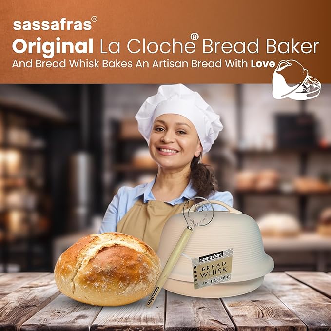 Sassafras Superstone Stoneware La Cloche Bread Baker, Unglazed, Baking Stone for Bread, Capacity 5QT 12”D x7”H with handle, Withstands Temperature 500-2100 Fahrenheit (Bisque + Bread Whisk)