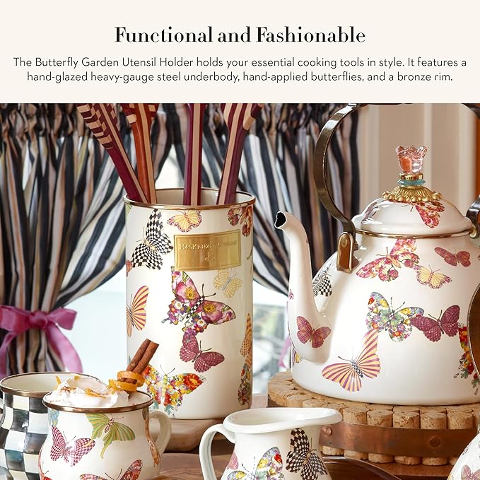 MACKENZIE-CHILDS Enamel Utensil Holder, Kitchen Utensil Holder for Countertop, Storage Caddy, Butterfly Garden