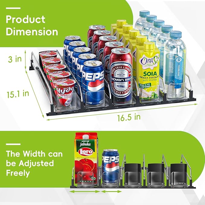 Soda Can Dispenser, Self-Pushing Drink Organizer, Width Adjustable Fridge Organization, Beer Pop Can Water Bottle Dispenser (15.1"D) White (5 Row, Black)