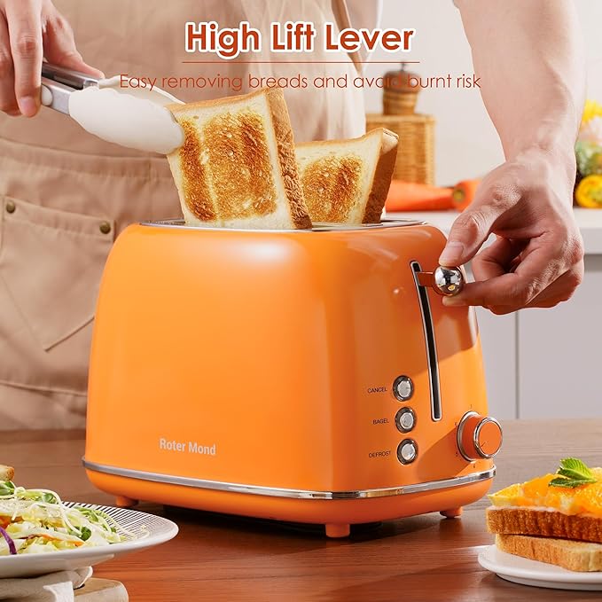 2 Slice Toaster Retro Stainless Steel with Bagel, Cancel, and Defrost Functions, 6 Bread Shade Settings, Extra Wide Slots and Removable Crumb Tray, Orange