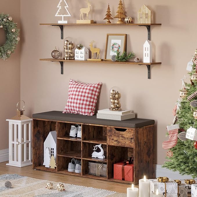 DINZI LVJ Long Wall Shelves, 47.3Inch Wall Mounted Shelves Set of 4, Extra Large Wall Storage Ledges with Sturdy Metal Brackets for Living Room, Bathroom, Bedroom, Kitchen, Rustic Brown