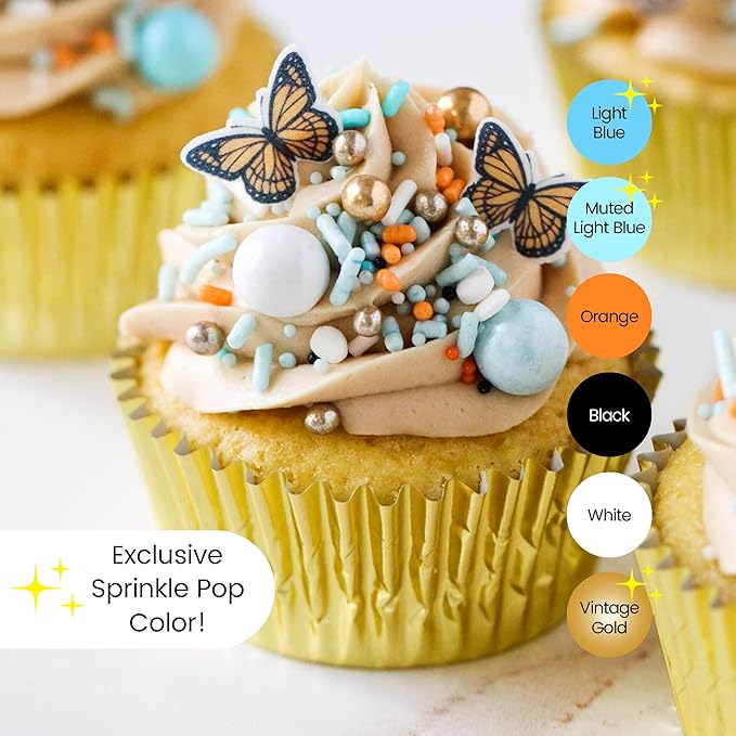 Sprinkle Pop Monarch Butterfly Sprinkle Mix| Blue Orange Sprinkles with ~20 Butterfly Wafer Paper and Gold Dragees| Decorating Sprinkles Made In USA for Mother’s Day Cupcakes Cakes Cookies Donuts, 4oz