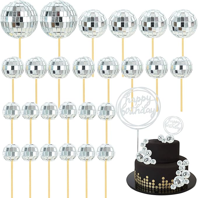 BEISHIDA 27 PCS Disco Ball Cake Topper 1970s Disco Decorations Mirror Ball Cupcake Toppers for Disco Theme Party 70s 80s Disco Party Birthday Cake Anniversary Wedding Cake Decorations