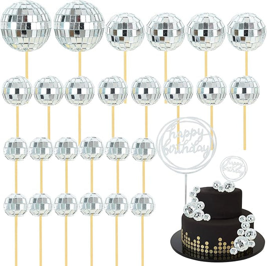 BEISHIDA 27 PCS Disco Ball Cake Topper 1970s Disco Decorations Mirror Ball Cupcake Toppers for Disco Theme Party 70s 80s Disco Party Birthday Cake Anniversary Wedding Cake Decorations