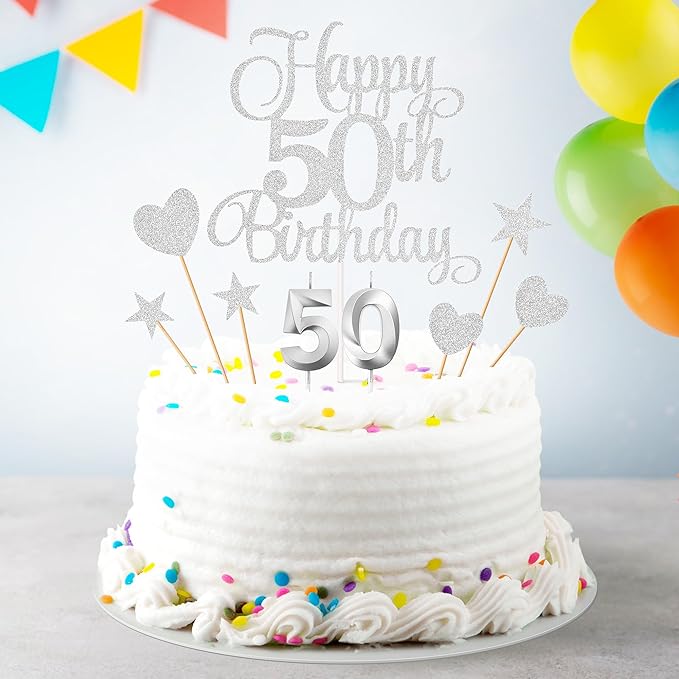 50th Birthday Cake Decorations, 50th Birthday Candles Cake Numeral Candles and Glitter Happy 50th Birthday Cake Toppers Set for Birthday Party Supplies (Silver)