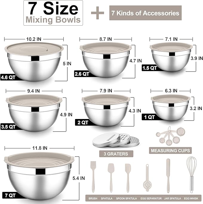 E-far Mixing Bowls with Lids Set, 21PCS Stainless Steel Mixing Salad Bowls with 3 Grater Attachments, Size 7, 4.6, 3.5, 2.6, 2, 1.5, 1QT, Nesting Design & Khaki Airtight Lid, For Baking/Prepping