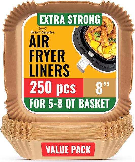 250 pcs Air Fryer Liners, Disposable Airfryer Paper Liners – Non-Stick and Oil Proof for Easy Cleanup, Great for Oven, Pans & Baking – 8” Square for 5-8 qt Basket by Baker's Signature