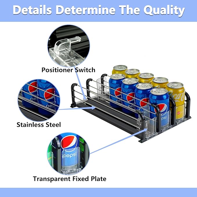 Drink Organizer for Fridge, Soda Can Dispenser for Fridge, Refrigerator Drink Dispenser with Self-Pushing Glide Black (3 Rows)