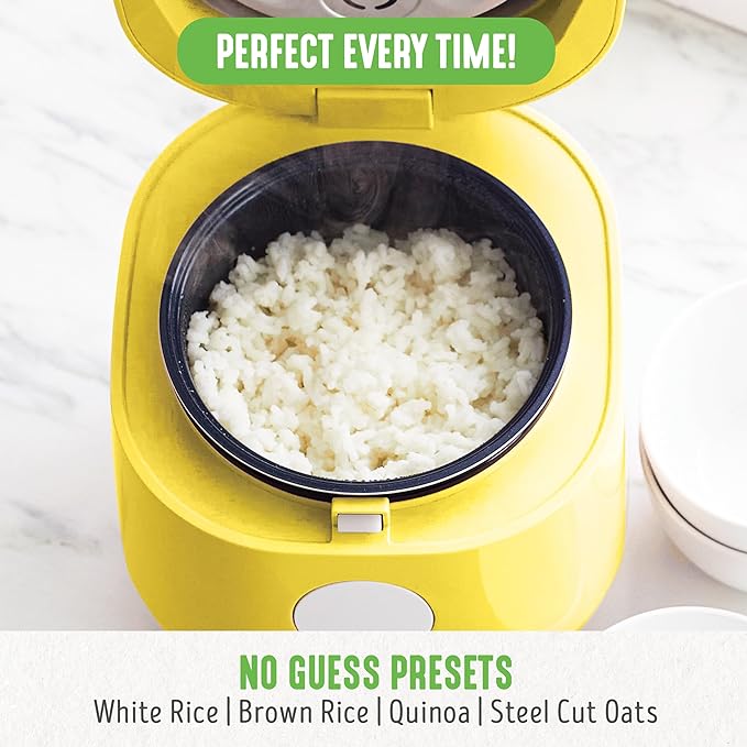 GreenLife Digital Rice Cooker, 2-Cups Uncooked/4-Cups Cooked, Removable Nonstick Ceramic PFAS-Free Pot, One-Touch Presets, Oats, Quinoa, Brown Rice, Auto Keep Warm, Fuzzy Logic Tech, 1.5 QT, Yellow