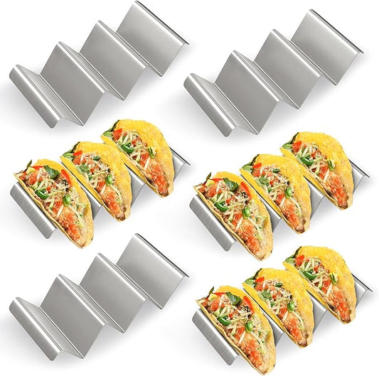 Taco Holder Set of 6, Stainless Steel Taco Holder Stand, Taco Rack Truck Tray Style with Easy-Access Handle, Oven, Grill and Dishwasher Safe