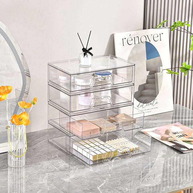 2 Pack Stackable Makeup Organizer, 12.1''L Acrylic Bathroom Organizer and Storage Undersink Drawer, Cosmetics and Beauty Supplies,Clear Plastic Storage Bins for Desk,Cabinet,Kitchen,Vanity,Pantry