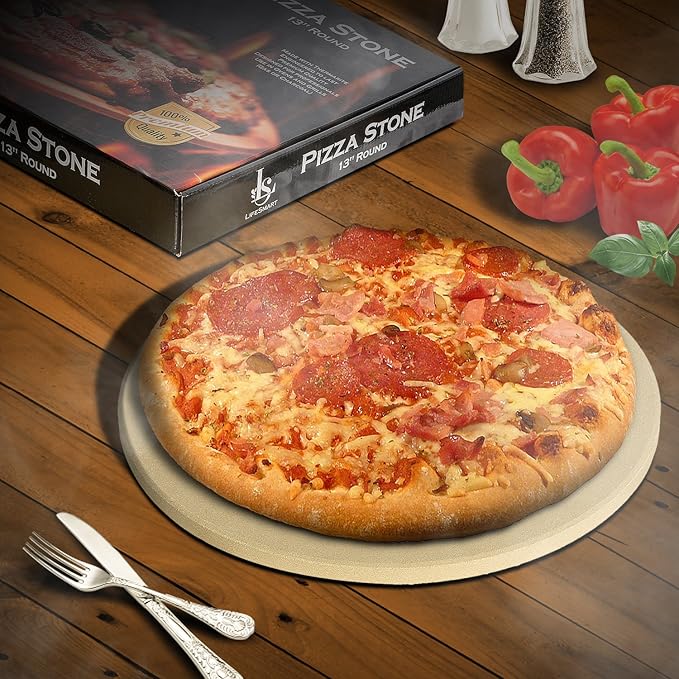 LifeSmart Pizza Stone and Scraper 13 inches Ideal for Crispy Crusts Heat Safe for Use on Grills and in Ovens Certified Safe Includes Scraper