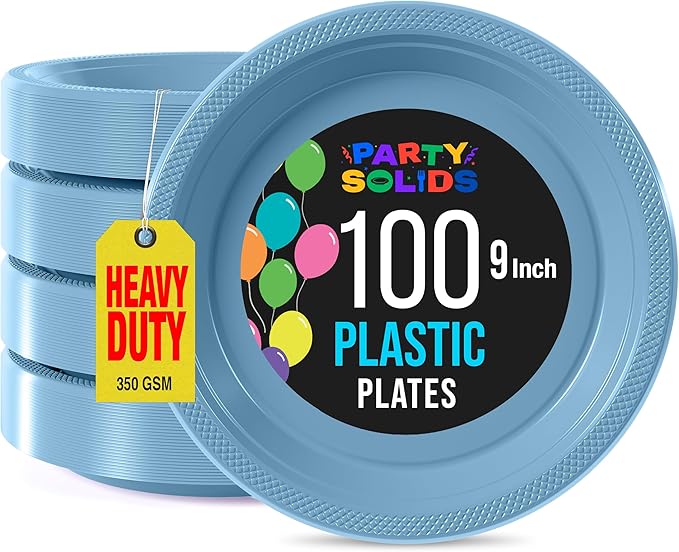 Exquisite Party Solids Light Blue Plastic Plates For Party 9" Light Blue Disposable Plates Heavy Duty Supplies 100 Pcs Plastic Dinnerware Sets Heavy Duty 350 GSM Disposable Dinnerware Set