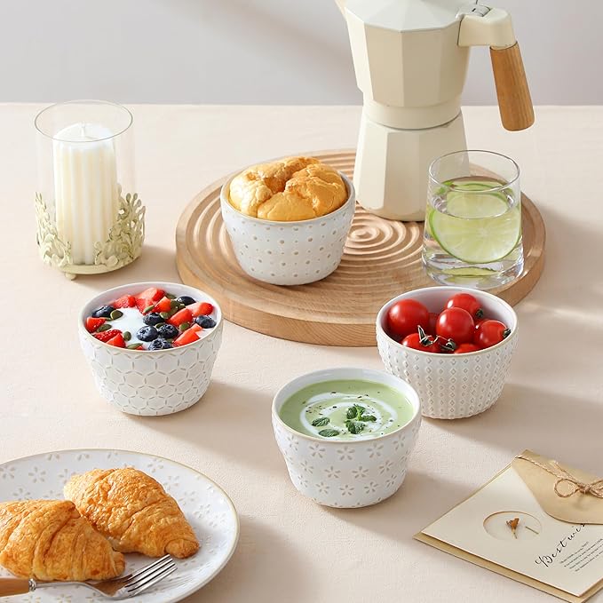 MALACASA Small Dessert Bowls 8 oz, Ice Cream Bowls, Dipping Sauce bowls,Ceramic Bouillon Soup Cups or Certain Side Dishes, Microwave & Dishwasher Safe, Set of 4, Arctic White, Series LYDIA