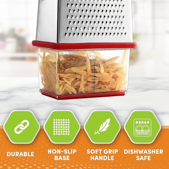 Spring Chef Professional Red 10" Parmesan Cheese Grater With Container, Stainless Steel & Soft Grip Handle, 4 Sided Kitchen Carrot Shredder, Handheld Box Grater for Potato, Veggie, Ginger, Hashbrown
