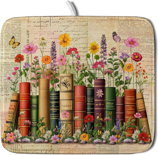 Colorful Books Kitchen Drying Mat - Watercolor Floral Drying Matt Kitchen Counter 16 X 18 In