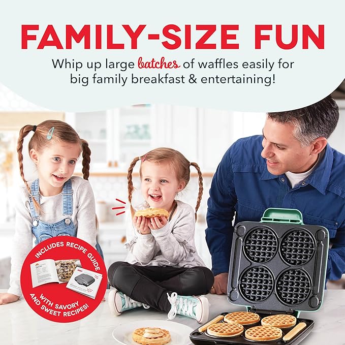 DASH Multi Mini Waffle Maker: Four Mini Waffles, Perfect for Families and Individuals, 4 Inch Dual Non-stick Surfaces with Quick Release & Easy Clean - Aqua