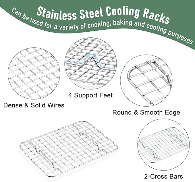 Toaster Oven Pan with Rack Set (2 Small Baking Sheets+2 Grill Racks), 9 x 7 Inch Stainless Steel Small Cookie Sheets Bacon Tray with Grid Cooling Racks for Baking Roasting Grilling, Dishwasher Safe