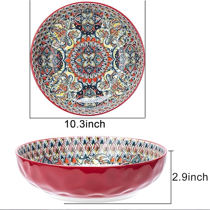 Large Serving Bowls, 75 Oz Fruit Salad Bowls, Bohemian Style Large Porcelain Dishes for Entertaining Parties,Big Bowls for Eating Soup, Salad, Pasta, Fruit, Chips, 10.3 Inch Diameter (red)