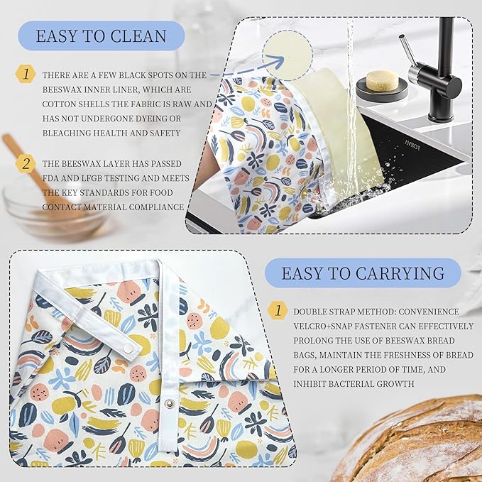 2 Pack Reusable Beeswax Bread Bags for Sourdough & Homemade Bread，bees wax bread bags for homemade bread sourdough ，Cotton Reusable Beeswax Bread Storage Bag, Keep Fresh and Portable