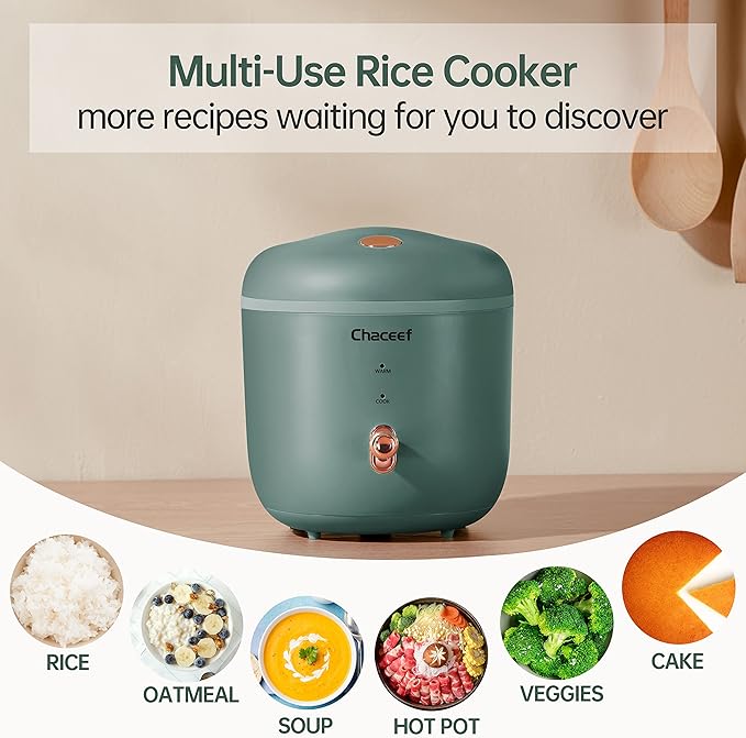 CHACEEF Mini Rice Cooker 2 Cups Uncooked, 1.2L Rice Cooker Small with Non-stick Pot, Portable Travel Rice Maker with One Touch & Keep Warm Function, White Rice, Brown Rice, Oatmeal, Green