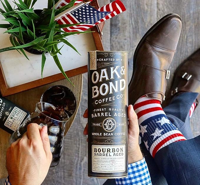 Oak & Bond Coffee Co. Bourbon Barrel Aged Coffee, Brazil Single Origin Whole Bean, Medium Roast - Chocolate, Caramel, Mandarin Orange, Sweet Bourbon Flavors - 10oz