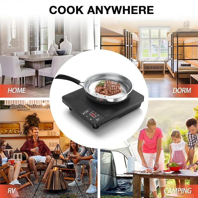 Portable Induction Cooktop 1800W,110V Single Burner Induction Burner & Fry Pan, Hot Plate Stove Electric Burner LED Touch Control & 4H Timer, 8 Power 8 Temperature Setting for Cooking