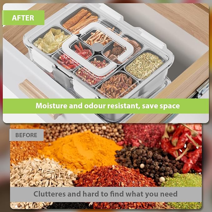 Snackle Box Container, Stainless Steel Divided Serving Tray with Lid and Handle, 8 Compartment Portable Snack Platters - Clear Storage Organizer for Fruit Candy Nuts Veggie - Perfect for Travel Party