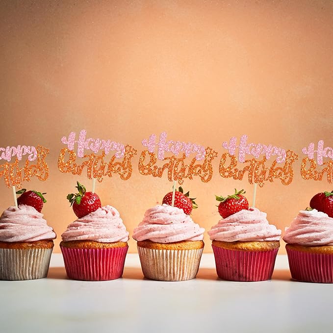 Ephlyn 24Pcs Happy Birthday Cupcake Toppers - Double Layer Glitter - Pastel Pink Orange - Perfect for Birthday, Baby Shower & Anniversary Parties