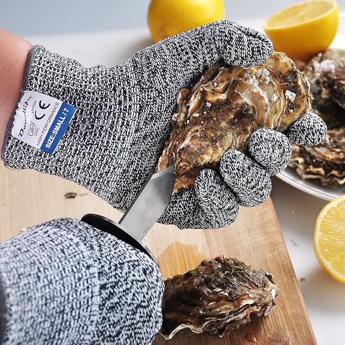 Dowellife 3 Pairs Cut Resistant Gloves Food Grade Level 5 Protection, Safety Kitchen Cuts Gloves for Mandolin Slicing, Fish Fillet, Oyster Shucking, Meat Cutting and Wood Carving (Black Gray, Small)
