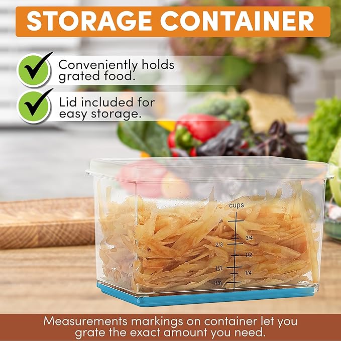 Spring Chef Professional 10" Parmesan Cheese Grater With Container, Stainless Steel & Soft Grip Handle, 4 Sided Kitchen Cheese Shredder Handheld Box Grater for Vegetables, Carrot, Ginger - Aqua Sky