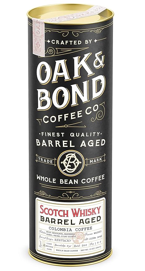 Scotch Whisky Barrel Aged Coffee, Colombia Single Origin Washed Whole Coffee Bean, Medium Roast w/Flavor Notes of Milk Chocolate, Raspberry, Honey, Silky Scotch by Oak & Bond Coffee Co. – 10oz.