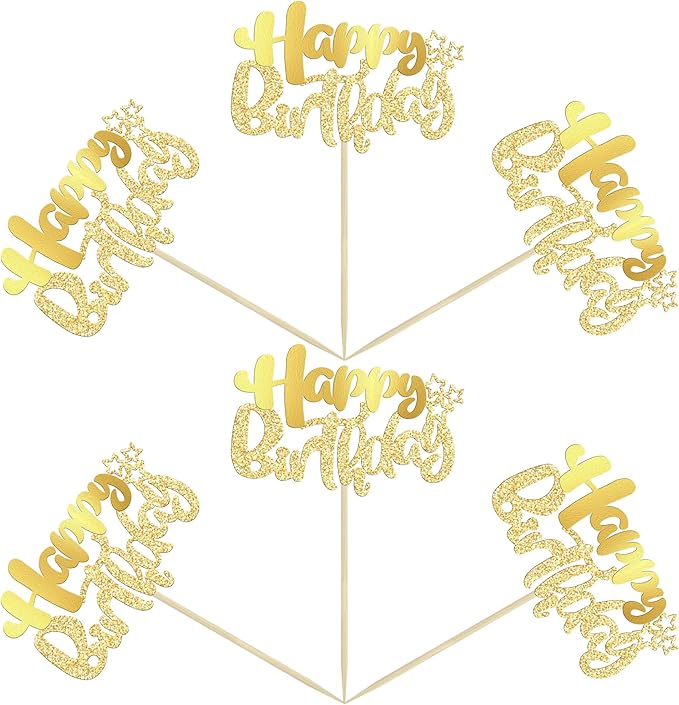 Ephlyn 24Pcs Gold Metallic Happy Birthday Cupcake Toppers for Birthday, Baby Shower & Anniversary Parties